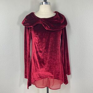 Ruby Red Velvet Tunic Blouse Small Long Sleeves Bertha Cowl Collar Goth Boho